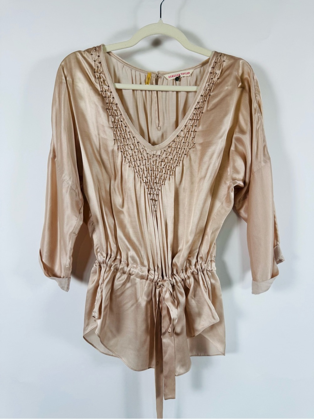 Rebecca Taylor Silk Blend Beaded Blush Pink Tie Waist Top 8 Balletcore Romantic